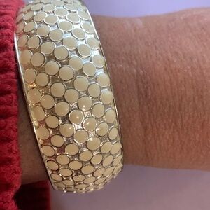 Off White Polka Dot and Gold Toned Metal Round Bangle Bracelet (use a cl…